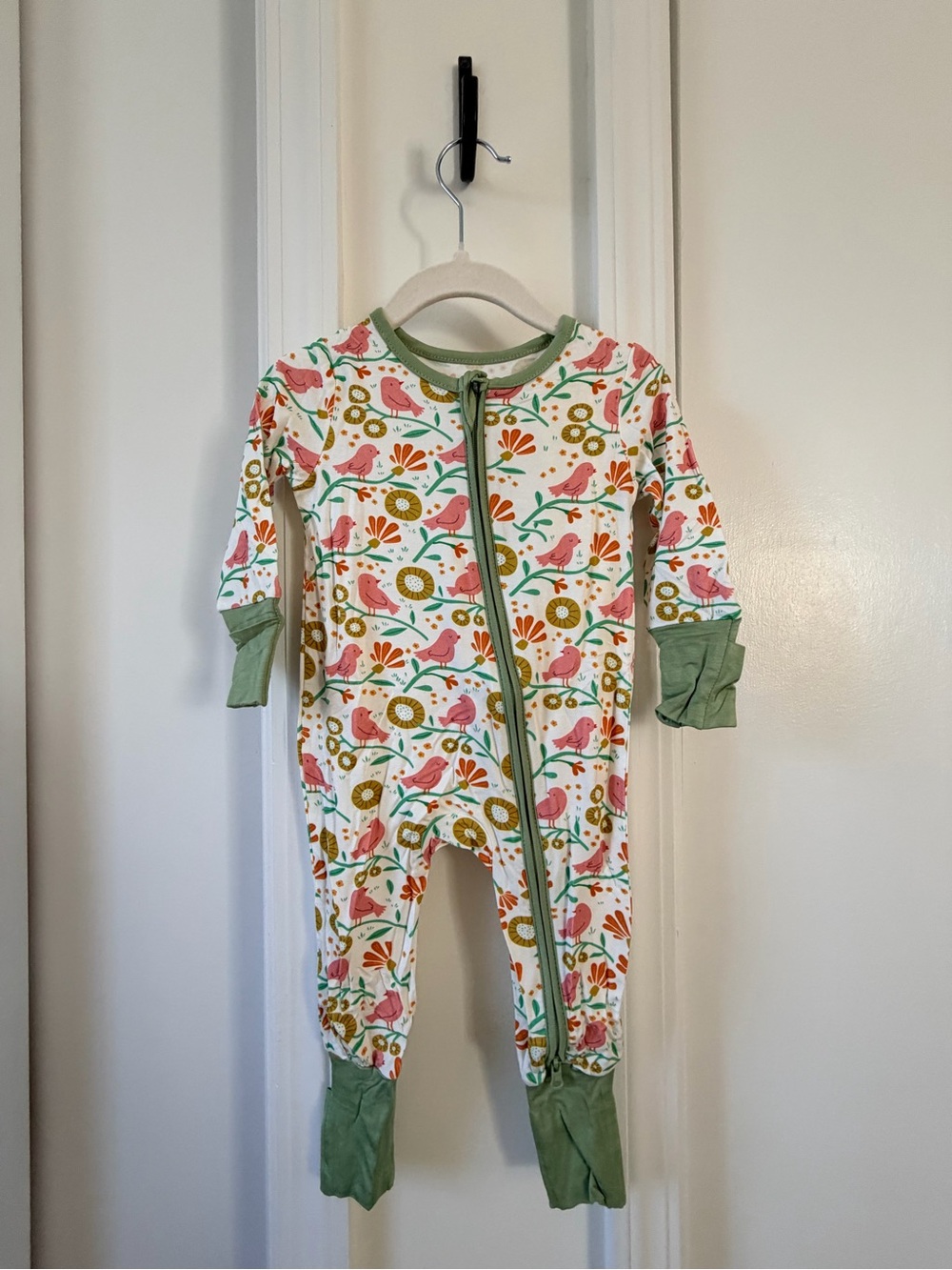 Green Trim Pink Bird Print Kids One-Piece